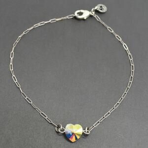 Y2K Coquette Silver Heart Crystal Faceted Glass Anklet Chain 11"